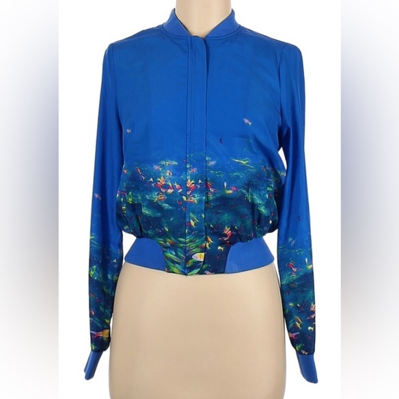 Nanette Lepore L’Amore Blue Ocean Fish Bomber Jacket zip up Cardigan - Sz M - Picture 1 of 9